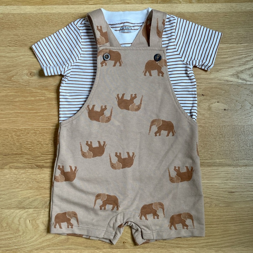 NWOT Carter’s Elephant Print Overalls with Striped Shirt 18mo